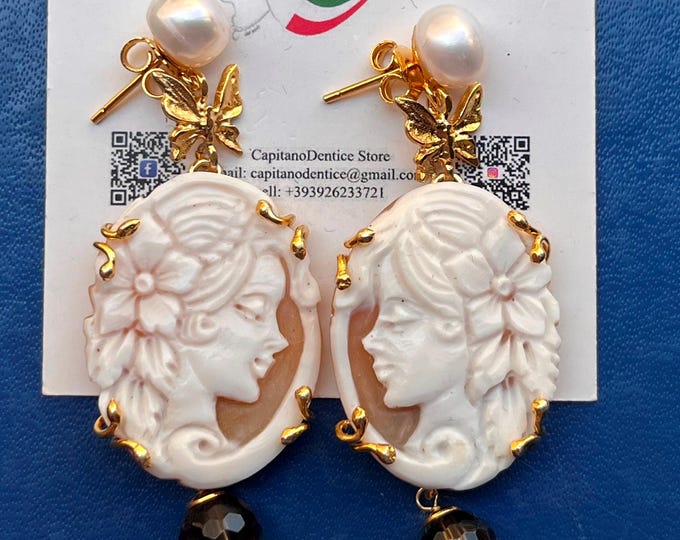 Hand-Carved Shell Cameo Earrings: Gold-Plated Sterling Silver, Victorian Style