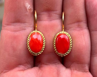 Handmade Red Coral Drop Earrings, Natural Gems, Elegant Women's Earrings, Gift for Her gold18k