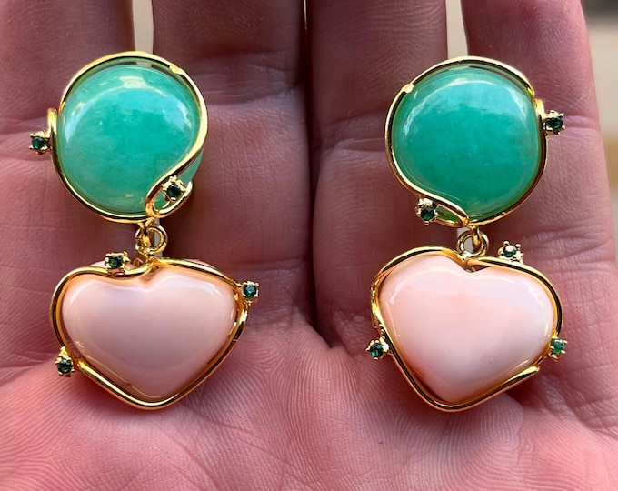 Formal earrings with natural chrysoprase and flesh‑pink coral hearts, elegant