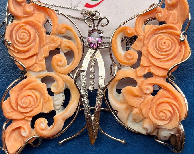 Farfalla Cammeo di Conchiglia Intagliata a Mano - Ciondolo Pendente  - Gioiello Flora e Fauna - Made in Italy