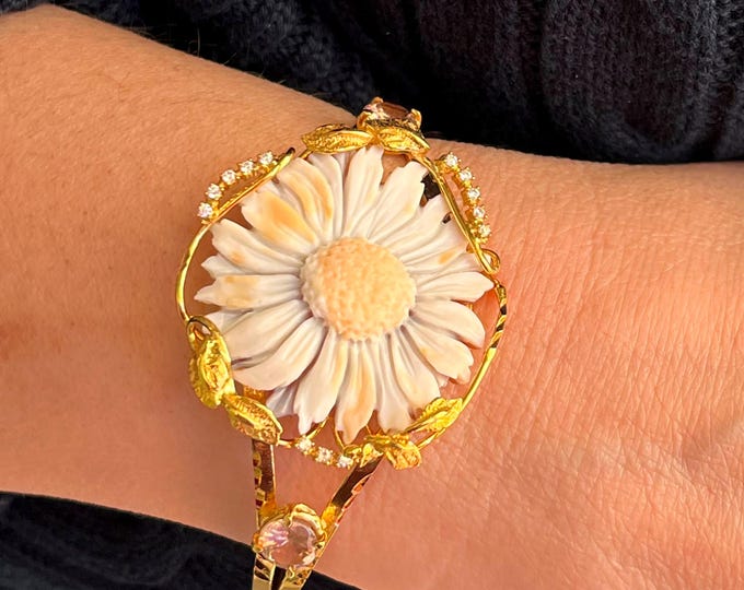 Hand Carved Daisy Shell Cameo Cuff Bracelet, Gold-Plated Silver, Champagne Tourmaline, Italian Artisan Jewelry