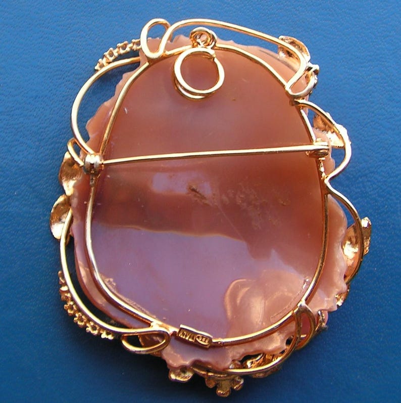May include: A gold-toned cameo brooch with a pink shell cameo set in a delicate floral design.