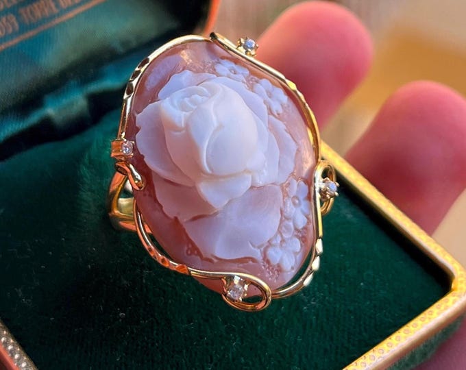 Handmade Italian 3D Rose Cameo Ring, 925 Silver 18k Gold Vermeil, Shell Cameo, Adjustable Size 8, Unique Statement Jewelry