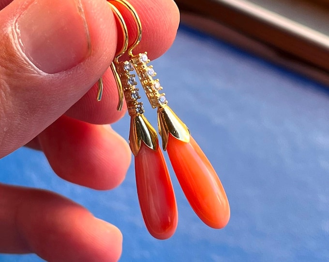 Handmade 18k Gold Coral Drop Earrings, Italian Elegant Dangle