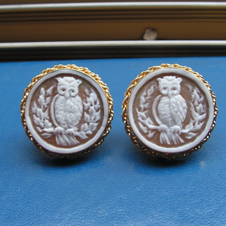 May include: A pair of gold-tone earrings with a white cameo of an owl on each. The owls are carved in detail and have a brown background.