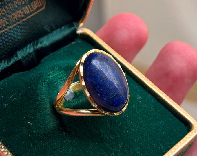 Handcrafted lapis ring, large 20x15mm blue cabochon, adjustable gold tone band, contemporary