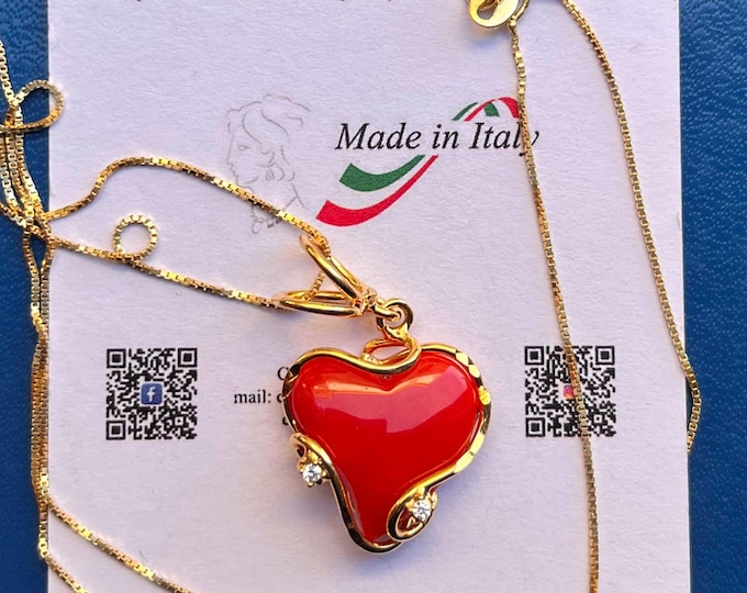 Large Italian Red Coral Heart Necklace 25mm – 18K Gold Vermeil 925 Silver, Sparkling Crystals, Gift for Her, Made in Italy