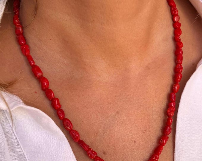 Red Coral Necklace: Italian Gemstone Jewelry, 48cm