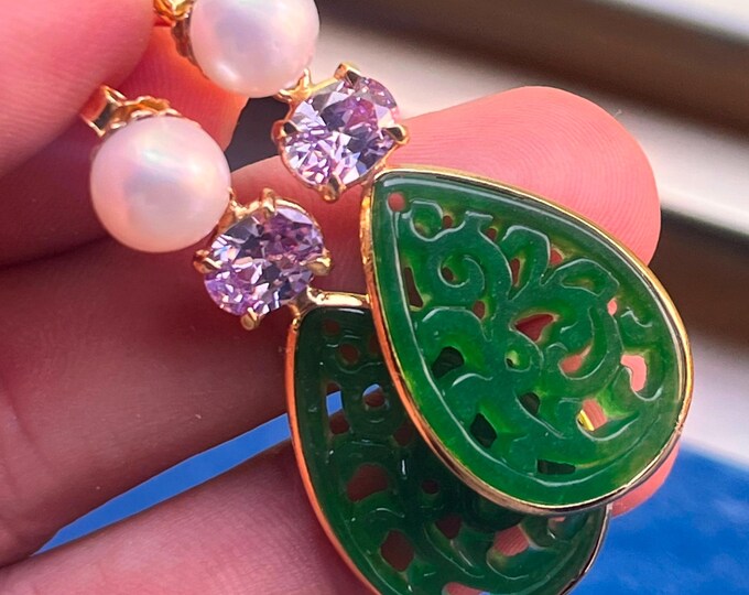 Jade, Pearl & Tourmaline Drop Earrings: 18k Gold Plated Sterling Silver