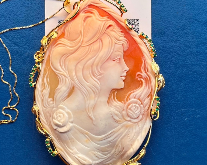 Unique Goddess Flora cameo necklace, hand carved shell, collectible piece, brooch