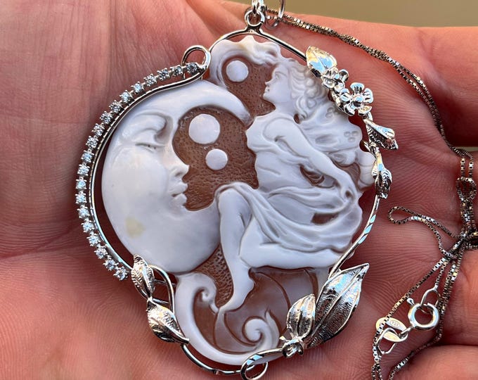 A one of a kind Italian shell cameo necklace, hand carved “Sleep Fairy & Moon” in mirror‑finish 925 rhodium silver – no reproductions