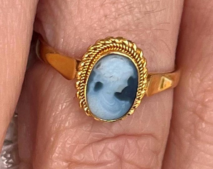 Blue Agate Cameo Ring: 18K Gold Adjustable Bridal Jewelry
