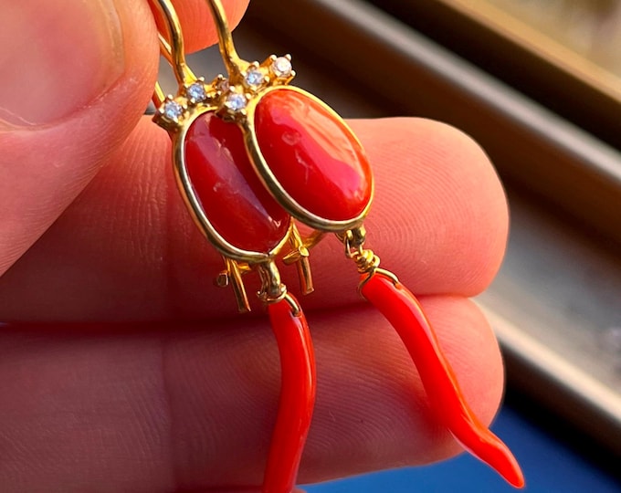 Italian coral horn drop earrings, gold plated, boho hippie vibe