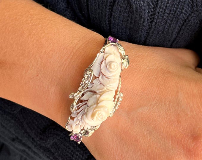 Hand Carved Floral Shell Cameo Cuff Bracelet | Rhodium Silver, Amethyst, Crystals (18–25cm)