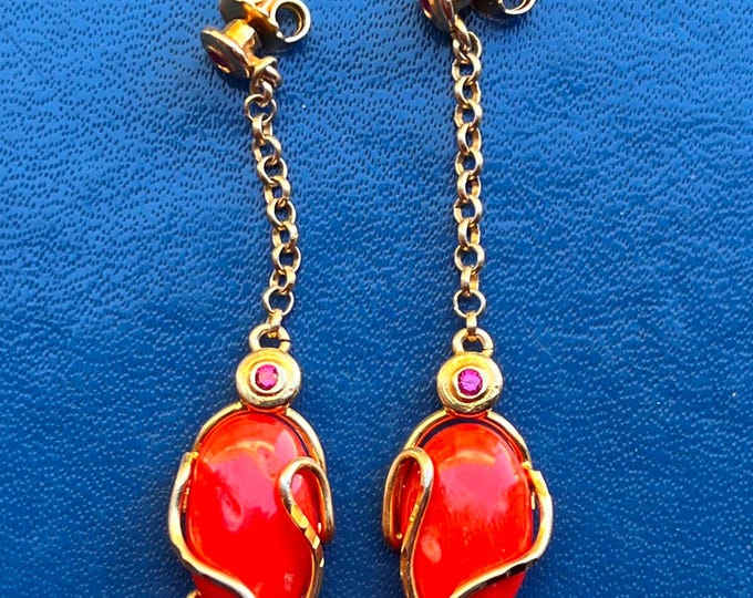 Elegant Red Coral Pendants, Handmade Earrings, 18k Gold Natural Coral, Simple Jewelry, Gift for Her, Fashion Accessory