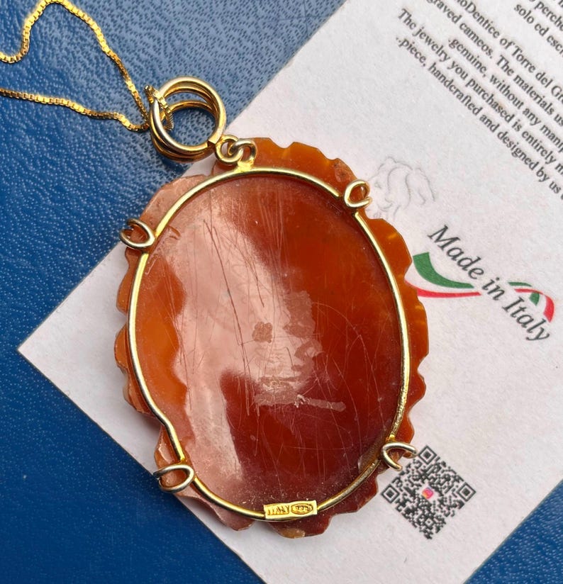 Handskuret snäckskal-prästkrage-cameo-hänge, 18k guld sterlingsilver, italienska blommiga smycken bild 3