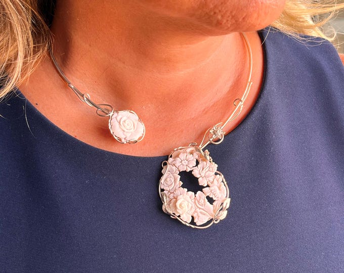 Handmade Floral Cameo Choker, 925 Silver, Italian Craft