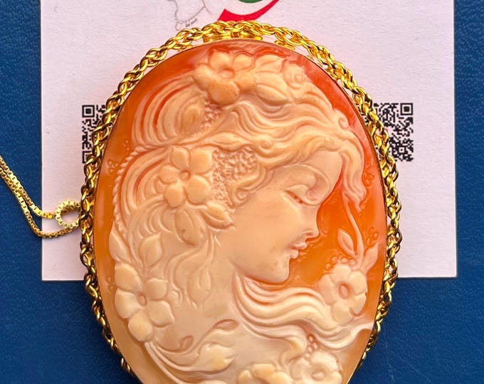 Handmade 18K Gold Cameo Necklace, Sea Shell Carving, Made in Italy
