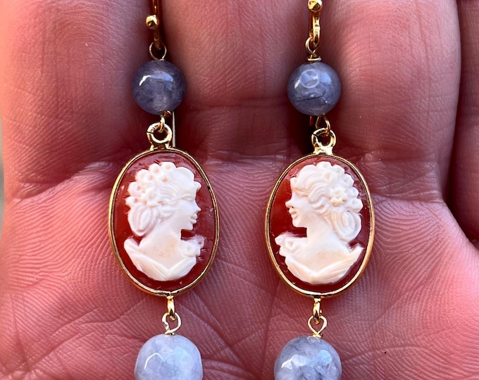 orecchini in oro 18 k, regalo per lei, tormalina fumo di Londra, gioiello elegante, orecchini classici, cammeo scolpito a mano, Italy