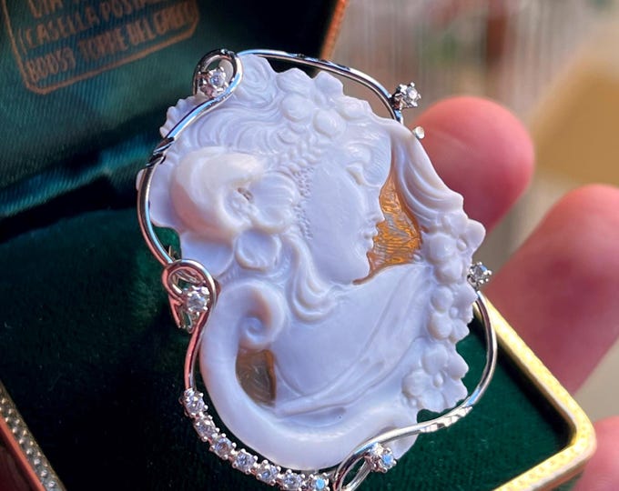 Hand-Carved Shell Cameo Ring - Adjustable Sterling Silver 925 - Nymph with Flowers - Italian Fine Jewelry - Diamond-Cut Crystal Accents