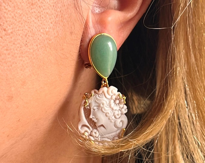 Orecchini con cammei lady e goccia di morganite verde regalo per lei estate 2025 donna elegante made in italy
