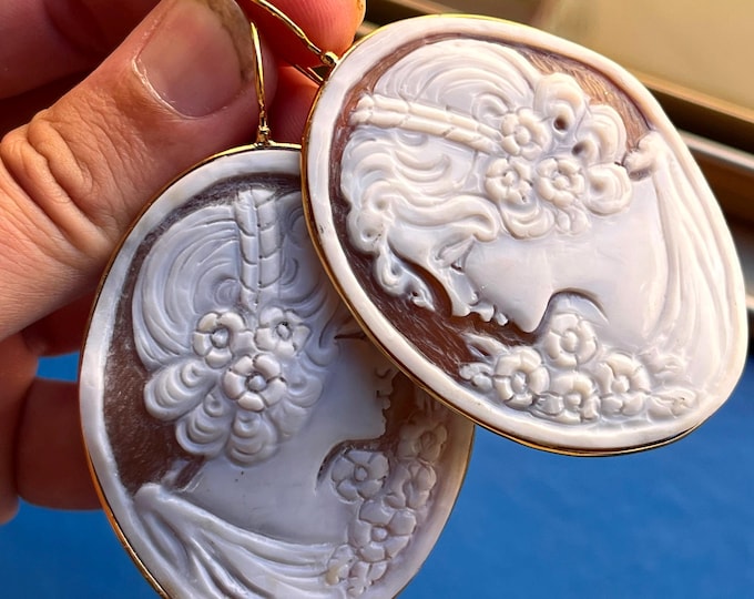 Orecchini Cameo Grande, Cammei in Conchiglia, Orecchini Pendenti, Volto di Donna, Gioielli Artigianali, Oro 18k