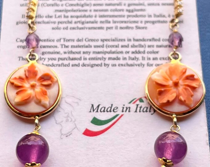 Hand-Carved Cameo Flower Earrings | Amethyst Gemstones | Gold Plated 925 Silver | Made in Italy