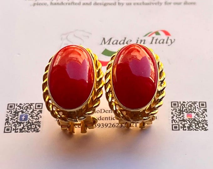 Natural red coral earrings clip-on, 16x8mm cabochons, gold twisted bezel, handcrafted Italy