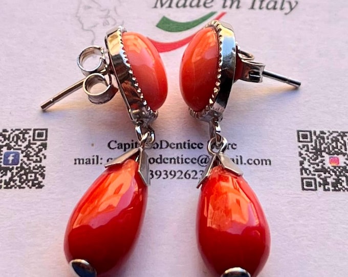 pink red coral drop earrings, artisan made in Italy, silver stud dangle