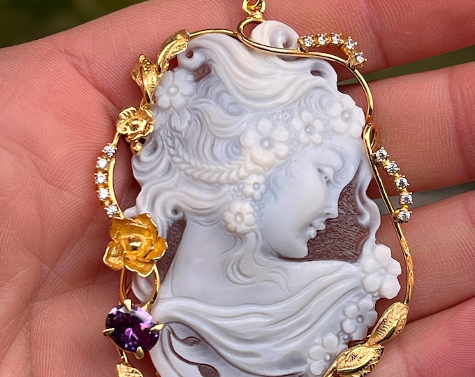 Shell Cameo Pendant, Handmade Jewelry, Amethyst Accent, Gifts for Girlfriend, Anniversary Gifts, Unique Necklace