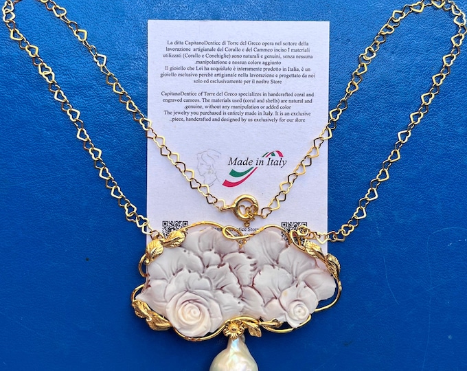 Carved Conch Shell Cameo Necklace – Rose, Pearl, 18K Gold Plated Silver