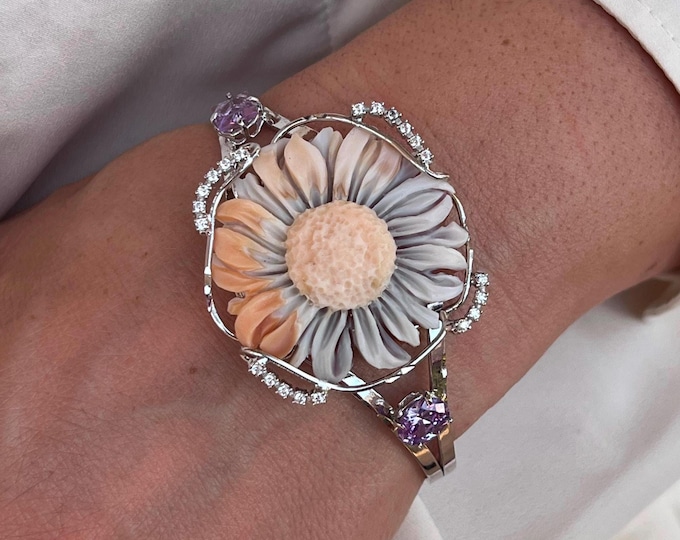 Shell cameo sunflower bracelet, Italian handcrafted bangle, adjustable fit, elegant floral jewelry