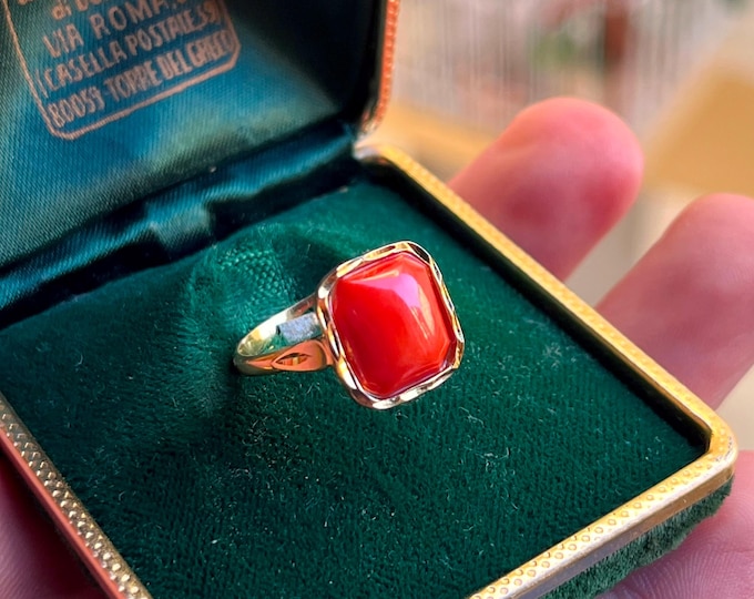 Italian Red Coral Ring, 12mm Sardinian Coral, 18K Gold Plated 925 Sterling Silver, Adjustable Band, Handmade Jewelry