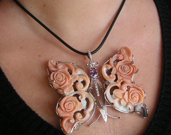 Butterfly Pendant, Handmade Shell Cameo, Hand Engraved Jewelry, Gift For Her, Elegant Woman Necklace