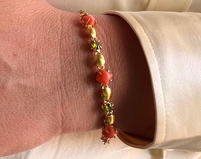 bracciale corallo rosa + granato demantoide gioiello elegante regalo per lei donna moderna