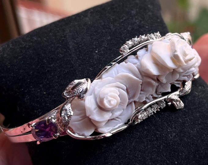 Hand Carved Floral Shell Cameo Cuff Bracelet | 925 Rhodium Silver, Amethyst & Crystals | Adjustable 18–25cm | Unique Italian Jewelry