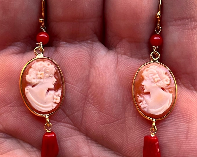 Red Coral Cameo Earrings: 18k Gold-Planted Sterling Silver, Italian Artisan Jewelry