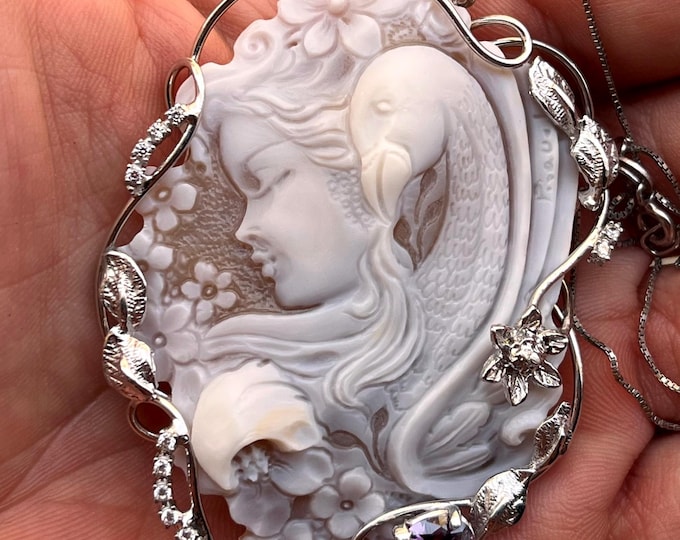 Hand-Carved Shell Cameo Necklace – Sterling Silver Platinum-Plated, Victorian Floral Pendant