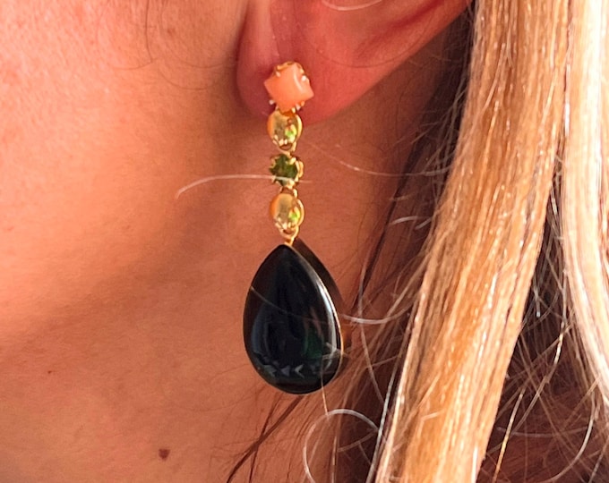 Artigianali Orecchini Estate, Onice Nera, Gioiello Elegante, Corallo Rosa, Donna Moderna, Regalo Per Amiche