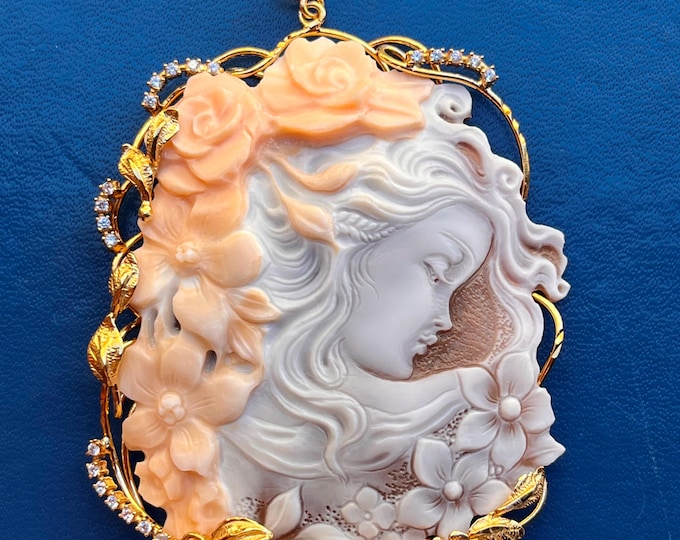 Exquisite Hand-Carved Two-Tone Shell Cameo Pendant | 18K Gold Over Sterling Silver & Crystals | Unique Artisan Jewelry