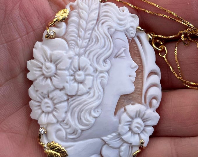 Hand Carved Shell Cameo Pendant – Woman Among Flowers, 18K Gold Vermeil 925 Silver, Elegant Gift for Her, Italian Handmade