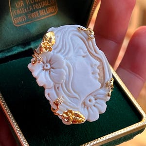 Vintage Style Cameo Ring: Hand Carved Shell, Silver Gilt, Adjustable Size 7.5