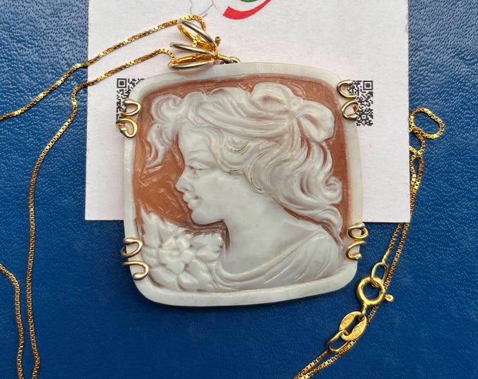 Hand-Carved Shell Cameo Necklace - "Free Woman with flake" - Made in Italy