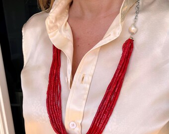 Authentic Coral and Pearl Statement Necklace, handmade in Italy, multi strand, originality certificate