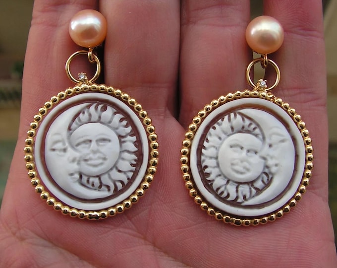 Victorian Sardonyx Relief Carved Cameo Earrings Gold Silver Italy Sun and Moon