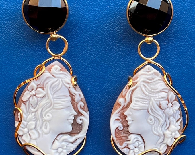 Shell Cameo Black Onyx Lucky Earrings, Handmade Gift for Her, winged goddess Jewelry, Unique Dangle Earrings