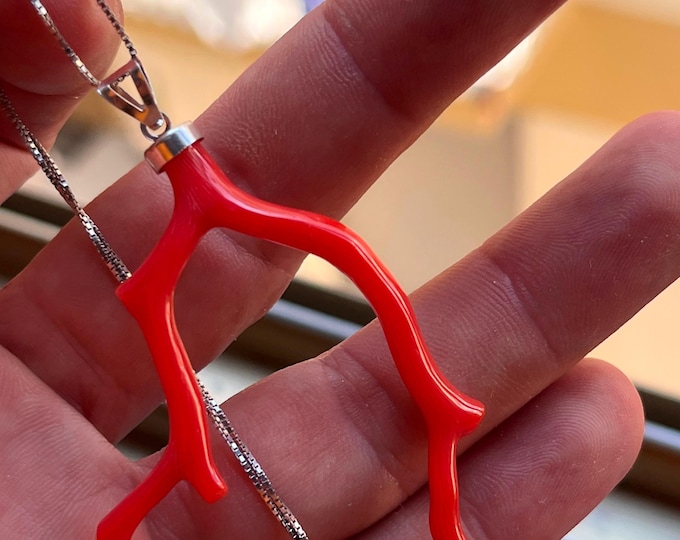 Natural red coral branch pendant, handmade in Italy, sterling silver bail