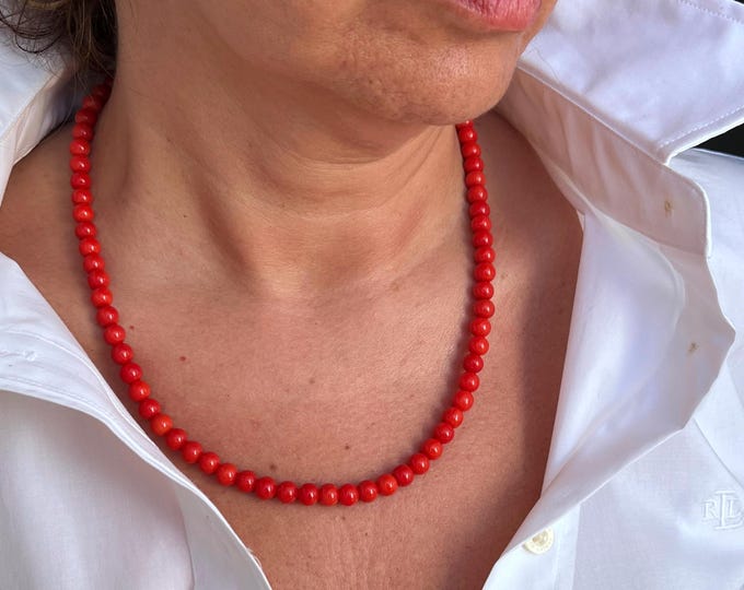 Authentic red coral strand, natural 7mm bead necklace, 18k 750 gold hook, Italian