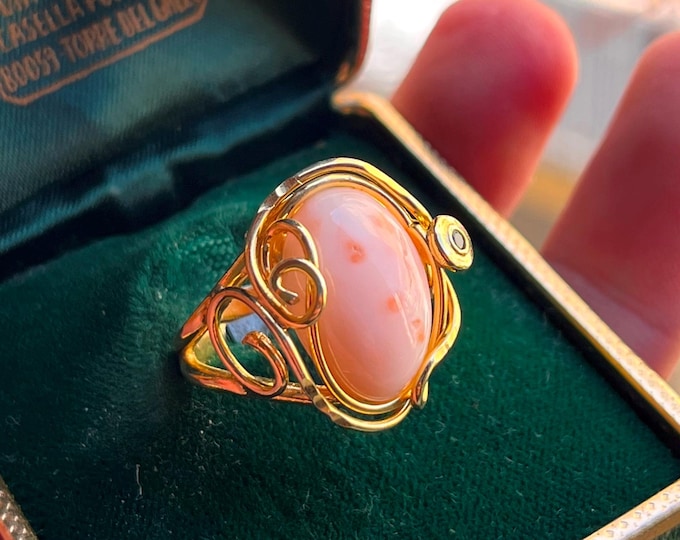 Vintage‑style angel skin coral ring, natural pink cab, exclusive jewel