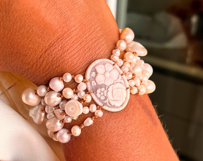 Handmade Freshwater Pearl Bracelet Hand-Carved Floral Cameo, Multi-Strand Artisan Cuff, Romantic Bridal Jewelry, Made in Italy Gift for Her